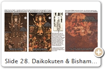 Slide 28. Daikokuten & Bishamonten attending Uga Benzaiten. The introduction of “Hindu-cum-Buddhist” deities began in earnest in the early 9th C. when Saichō 最澄 (767-822; founder, Japan's Tendai school) and Kūkai 空海 (774-835; founder, Japan's Shingon school) brought esoteric Buddhism to Japan after visiting China. From the very beginning, these celestial deities from the Hindu pantheon (Skt = deva, J = ten 天) were considered Buddhist figures. In Japan, they served as protectors of the nation, its people, and Buddhist law. Why did Daikokuten, Benzaiten and Bishamonten gain widespread popularity while other deva remained marginal? Unclear. From old texts and extant art, we know that Bishamonten appeared in Japan in the mid-6th C. CE as one of the Four Heavenly Kings (wherein he is known as Tamonten 多聞天, guardian of the north). He became the object of an independent cult in the next two centuries, supplanting the other three kings. When worshipped independently, he is called Bishamonten. His wife, Kichijōten 吉祥天 (Skt = Śrī Lakṣmī), was supplanted in Japan by Benzaiten. Both goddesses were introduced to Japan by at least the 8th C. in Yijing’s 義浄 (635-713) Chinese translation of the Konkōmyō saishō ō kyō  金光明最勝 (Sutra of Golden Light). See T.16.665.434b25-438c23, in which Benzaiten appears as a nation-protecting 8-armed warrior goddess. Images of Daikokuten came last, in the early 9th C., via the mandala (Slide 11), but the Japanese were already aware of Yìjìng’s 義淨 (635–713) text [T2125.54.0209 b21], which described him as a seated human-like black-colored god holding a purse. Curiously, this form didn’t appear in Japanese statuary until the 11th C (Slides 19, 20, 21). All three deva share overlapping associations that involve war (nation protecting), treasure (water, rice) and prosperity. All three came to prominence among warriors during the Kamakura & Muromachi eras, a time of incessant civil disturbance. All three are worshipped independently & all are members of Japan’s Seven Lucky Gods (Slide 31). SOURCES: (last access Aug. 2017): (1) MFA Boston. (2) Catherine Ludvik's story, Impressions, Journal of Japanese Art Society of America, Number 33, 2012, p. 104. (3) Butsuzō-zu-i 仏像図彙, or the “Collected Illustrations of Buddhist Images.” Published in 1690 CE. (4) Kanazawa Bunko 金沢文庫, Exhibition Catalog (Dec. 9 - Feb. 5, 2012), Messages Within: The World of Icons Hidden Inside Buddhist Statues 仏像からのメッセジ－像内納入品の世界, p. 19, p. 59. Says Faure (p. 226): “The pairing of Daikokuten & Benzaiten is a specific feature of medieval Japanese texts. In Tendai esotericism, this pairing came to symbolize the coupling of esotericism & exotericism.” On p. 225, Faure quotes Tendai monk Kōen 興円 (1262-1317): “On the crown of Benzaiten, there is a white snake with the head of an old man. It is Daikoku Tenjin. Daikokuten and Benzaiten correspond to the yin & the yang, the father and the mother, the source of all things.” See Notebook for more; also see 14th-C text Keiran Shūyōshū 渓嵐拾葉集, T. 2410,  76.0636c17,  76.0640a03, and  76.0864a13. Scholar Catherine Ludvik (p. 251) says the 8-armed Benzaiten was derived in large part from Hindu battle goddess Durgā 突迦, who is a manifestation of Kālī (the black one, Śiva’s wife, female form of Mahākāla, i.e. Daikokuten). Like Daikokuten, Benzaiten comes in both fierce and benign forms.   