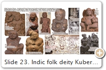 Slide 23. Indic folk deity Kubera is a “pivot” for a posse of related deities. Kubera’s Buddhist doppelgängers in Japan are Vaiśravaṇa (J = Bishamonten) & Daikokuten (tamed form, not wild form). Kubera is most often identified with Buddhist Vaiśravaṇa. All three are associated with the north and the treasures of the earth. Daikokuten is the guardian par excellence, standing sentry over the perilous northeast demon gate (kimon 鬼門). All three have Indic origins. Kubera fused early on with Vaiśravaṇa & with Pāñcika – the latter is Kubera’s general & the husband of child-eating ogress Hāritī (J. Kariteimo 訶梨帝母 or Kishimojin 鬼子母神). Kubera/Pāñcika appear often in early Buddhist art, holding either a money bag or mongoose spewing jewels (i.e., wealth). The mongoose, not found in Japan, was replaced there by a rat (emblem of both Bishamonten & Daikokuten; see Slides 38 & 39). The rat corresponds to north and to midnight (i.e. black) in the Asian zodiac. Kubera/Pāñcika are often paired with Hāritī, the “ogress-cum-goddess” of fertility, mothers, & children – i.e., wealth. Hāritī was among the most popular deities of early Buddhism. Artwork of her and consort Pāñcika is abundant. By the 7th C. CE, Hāritī is also paired with Jambhala (Pāñcika’s double) and also with Mahākāla (Daikokuten). The latter pair was installed in India’s monastery kitchens to ensure ample food. Why is Hāritī a Kitchen God? Details Here. The kitchen Mahākāla’s money bag is an emblem of Kubera, so Mahākāla may have originated as Kubera. Says Meher McArthur, p. 63: “Images of Mahākāla closely resemble Kubera and may be one and the same deity.” SOURCES (last access August 2017): (1) Holds bag & bowl. Female (Hāritī?) pours from pitcher. Pix Wiki. (2) Appears with Central-Asian features. Pix Nat’l Museum New Dehli. (3) Holds bag. Pix Wiki. (4)  Holds bowl. Pix Bharat. (5) Holds bag. Pix Flicker. (6) Leans on coiled object, holds citron. This icon may be the first step in the transition from Pāñcika to Jambhala. Pix Unfolding a Mandala, p. 221. (7) Holds bag, sits atop elephant (suggesting Mahākāla). Pix Indian Antiques. (8) Pix Bharat. (9) Pix Bharat. (10) Pix Pictures from History. (11) Pix Peshawar Museum. RESOURCES: Vogel 1910, Getty 1914, Bhattacharyya 1958, Shodhganga, Praying for Heirs, 2011, Kariteimo TZ.5.3022.351 (op. 510).    