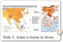 Slide 5. India is home to three major religious philosophies. In the 8th-6th C. BCE came Jainism. In the 6th C. BCE came Buddhism, and in the 3rd C. BCE came Hinduism (not as ancient as imagined). All three draw upon India’s Vedic traditions, stretching back nearly 3,000 years. Despite differences, all share common concepts, e.g., karma, reincarnation, the perpetual cycle of death/rebirth (samsara), which occurs endlessly unless one escapes it. To break the cycle, the Jains embraced harsh austerities/asceticism. Buddhists were less rigorous, instead positing a “middle way” between pure asceticism/indulgence. Senses play a role, but they require constant restraint – achieved via the pivotal Buddhist practice of meditation. Hinduism emerged last. Like Buddhism, it relies on a “multiplicity” of deities to instruct/protect, but it requires “complete surrender” to a personal deity (devotional theism) to escape rebirth. Immaterial of the deity worshipped, the devotee gains salvation. All three philosophies were instrumental in Buddhism’s evolution. To oversimplify: (A) Theravada Buddhism (monastic life) is akin to Jainism; (B) Mahayana Buddhism (salvation for lay people) is the “middle way;” (C) Mantrayāna/Esoteric/Tantric/Vajrayāna Buddhism (secret teachings for only the initiated) enlists the deities of Hinduism. Dozens of Hindu deities were co-opted & appeared thereafter in Buddhist maṇḍalas & texts. It is (C) that largely informs Japanese Buddhism from the 9th C. CE onward. The many Hindu deities assimilated into Buddhism (including Śiva = Mahākāla = Daikokuten) were enrolled as protectors of the Dharma (Buddhist Law), invoked in rites, and depicted in religious art, most notably in Japan’s esoteric Womb World Maṇḍala (over sixty deva, i.e., Hindu gods/goddesses, appear in this Buddhist mandala). See Slide 15. Chinese Daoism (Taoism) was around from the start. It clearly informed beliefs in astral deities & longevity rituals, but it receives only passing comment in this condensed guide. Japanese Shintoism was not even on the map during this period. As a distinct religious doctrine, Shinto can be traced (perhaps) to around the 13th C., but  leading modern scholars  point to the late 19th century. SOURCES (last access August 2017). (1) By G. Kartapranata. (2) Buddhanet & Onmarkproductions. (3)  Washington State Univ. For details on Mantrayāna・Esoteric・Tantric・Vajrayāna Buddhism, see Joseph Elacqua (p. 3, fn. 18) & Megan Bryson (pp. 5-11). 