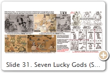 Slide 31. Seven Lucky Gods (Shichifukujin 七福神). One is native to Japan (Ebisu), three from India’s Hindu pantheon (Benzaiten, Bishamonten, Daikokuten), & three from China’s Folk-Daoist-Buddhist traditions (Fukurokuju, Hotei, Jurōjin). The group’s origin is unclear, but it likely sprang from Mt. Hiei (bastion of Daikokuten worship & Tendai faith in Japan). Says Graham (p. 110): “Probably only in the 2nd half of the 17th C. did the conception of a set of seven lucky deities coalesce.” The group’s members, however, varied until being standardized in the late 18th C. Why seven? Some point to monk Tenkai 天海 (d. 1643). Frédéric (p. 238) says the number recalls popular Chinese art themes like the Seven Wise Men of the Bamboo Thicket, while Graham (p. 112) says Chinese artwork of Eight Daoist Immortals is the prototype. JAANUS mentions the 5th-C. Chinese sutra Ninnōgyō 仁王経 [T245.08.0832b29], which states “seven adversities disappeared, seven fortunes arose” 七難即滅七福即生. The term “shichifuku” 七福 (seven fortunes) can be traced back even earlier, e.g., 2nd-C.  Chinese translation (from Sanskrit?). by An Shigao 安世高, & the Kansho 漢書 (early history of Han China) by Hango  班固 (BC 92-32). But the best argument (in my mind) involves Daikokuten’s seven “mother” attendants (Slide 32), the seven Big Dipper stars, the seven forms of Daikokuten in Dali (Slide 8), & the seven Mt. Hiei shrines (the deity’s stronghold). Amoghavajra 不空 (705–774) identifies the seven mothers as Mahākāla’s [Daikokuten’s] attendants in his Lǐqùshì 理趣釋 [T1003.19.616a11]. The 11th-C Daikoku Tenjin Hō 大黒天神法 [T1287.21.356a15] also makes this connection. The Lǐqùshì (login = guest), says Bryson (p. 23), “provides a textual precedent for Mahākāla & a group of seven deities.” The 14th-C. text Keiran Shūyōshū 渓嵐拾葉集 [T2410.76.0637c02] says Daikokuten is the “global body” of the seven planets, who in turn are the essence of the seven Big Dipper stars. In medieval times, writes Faure (p. 53): “Mahākāla was worshiped in China on the day when one prays for children during the Festival of the Seventh (Month), known as the Tanabata 七夕 [or Star] Festival in Japan.” All these clues point in one direction – DAIKOKUTEN IS THE LINCHPIN TO UNDERSTANDING JAPAN’S SEVEN LUCKY GODS. Iyanaga Nobumi, a leading scholar on this deity, says the same. Daikokuten’s links with Benzaiten, Bishamonten, & Ebisu (Slides 28, 29, 35) are well documented. Hotei, like Daikokuten, appears with pot belly & treasure bag (Slide 33). Fukurokuju & Jurōjin are Chinese astral gods linked to longevity, the Pole Star, & Big Dipper. One of Dali’s seven Mahākāla (Slide 8, Fig. 2) represents longevity & stands on a dais depicting seven stars. Lastly, the rivalry between the Buddhist & (emerging) Shinto camps triggered “competing efforts in domesticating the seven.” See Yijiang Zhong, p. 32, who mentions the 1698 Nihon Shichi Fukujin Den 日本七福神傳 by monk Makaaraya  摩訶阿頼耶 & the 1737 Shichi Fukujin Godenki 七福神傳記 by Shinto popularizer Masuho Zanko 増穂残口. The former text provided a Buddhist account. The latter argued the seven originated in Japan’s Divine Age. SOURCES (last access Aug. 2017): (1) Kanō Tanyū 狩野探幽 (1602-1674). (2) Kanō Yasunobu 狩野安信 (1613-1685). (3) Butsuzō-zu-i 仏像図彙, 1690 CE. (4) Zōho Shoshū Butsuzō-zui 増補諸宗仏像図彙, 1783 CE, Image 59. (5) Ibid, Image 77. (6) Tosa Mitsusuke 土佐光祐 (1675-1710). (7) Tosa Mitsuyoshi 土佐光芳 (d. 1772). For more on the Seven, see Encyclopedia of Shinto.