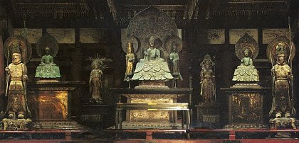 Altar at Horyuji with Shaka Trinity in central position. Altar at Horyuji with Shaka Trinity in central position.
