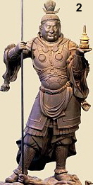 Bishamonten atop two demons, by Unkei. Wood. H = 147 cm, Dated +1186. Ganjoju-in Temple in Shizuoka. ICP. 