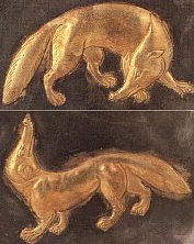Closeup of Fox-like creatures, parcel-gilt silver dish, China, 8th Century CE. 