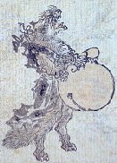 Tanuki howling while beating a mokugyo (wooden fish gong). By Kawanabe Kyosai (1831-1889). 