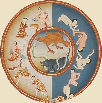 Three animals -- pig, snake, rooster -- are typically at center of Tibetan Wheel of Life Three animals -- pig, snake, rooster -- are typically at center of Tibetan Wheel of Life