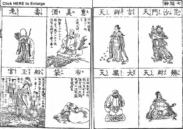 Seven Lucky Gods, 1783 Butsuzo-zui (includes Kichijoten, excludes Fukurokuju)