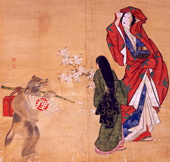 Scroll Painting, late 19th century. Tanuki disturbs tranquility of two beauties viewing cherry blossoms.