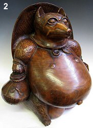 Big Belly Tanuki Holding Sake Flask and Wearing Straw Hat