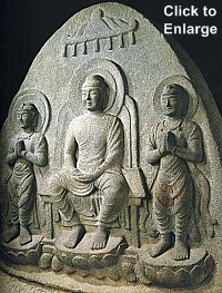 Buddha Triad, Stone, Sansonzo, Ishiidera Temple, Nara, Late 7C, photo by Ogawa Kouzou