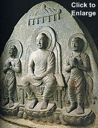 Buddha Triad, Stone, Sansonzo, Ishiidera Temple, Nara, Late 7C, photo by Ogawa Kouzou