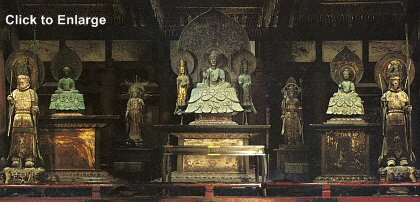 Altar at Horyuji with Shaka Trinity in central position. Altar at Horyuji with Shaka Trinity in central position.