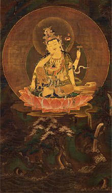 Nyoirin Kannon sitting atop Fudarakusen, Nara National Museum, 14th Century Painting