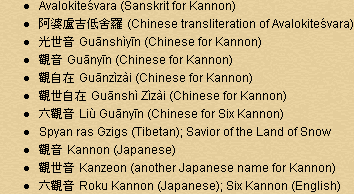 Kannon's Sanskrit, Chinese, and Japanese Names - Avalokitesvara, Guanshiyin, Chuanyin, Guanzizai, Liu Gaunyin, Kanzeon, Roku Kannon