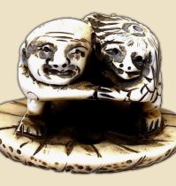 Kappa and Monk Wrestling, Japanese Ivory Netsuke, from Trocadero store run by 2EZR