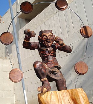 Modern Wood Statue of Raijin by LA Artist David Bilbrey