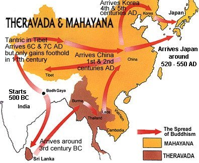 Map showing spread of Theravada (Hinayana) and Mahayana Buddhism Map showing spread of Theravada (Hinayana) and Mahayana Buddhism