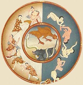 Three animals -- pig, snake, rooster -- are typically at center of Tibetan Wheel of Life Three animals -- pig, snake, rooster -- are typically at center of Tibetan Wheel of Life