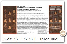 Slide 33. 1373 CE. Three Buddha Center Format, Standard Grouping. Mantoku-ji Temple 萬徳寺, Obama City, Fukui Prefecture, Japan. H = 113.1 cm, W = 52.4 cm. Depicts three Buddha in middle column and three Buddha in middle row. One of the oldest extant paintings of the thirteen in Japan. Dainichi wearing crown (a common esoteric representation). PHOTO: Obama City.