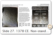 Slide 27. 1378 CE. Non-standard grouping. Thirteen Buddhist Deities symbolized by their Sanskrit seeds. Haguro Jūsanbutsu Dō 羽黒十三仏堂, Inzai City 印西市, Chiba, Japan. H = 117 cm, W = 97 cm. Here we see the ten Buddhist manifestations (honji) of the Ten Kings of the Underworld (suijaku), with the addition of three manifestations of Dainichi. This memorial stone is important evidence that the honji-suijaku pairing of the Ten Buddhist Deities with the Ten Judges of Hell was largely standardized by this time. What is unusual here is the arrangement of the deities. It differs greatly from the standard format. Also, this stone confirms that the Thirteen Buddhist Deities were still showing regional variations in the late 14th century. In the standard group (which emerged in the mid-14th century), the last three are Ashuku, Dainichi, and Kokūzō. But here, the last three are esoteric manifestations of Dainichi. PHOTO: Kawai Tetsuo 河合哲雄.