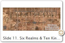 Slide 11. Six Realms & Ten Kings 六道十王図, Gokuraku Jigoku zu 極楽地獄図, 16th-17th century, Chōgaku-ji Temple 長岳寺, Nara Prefecture, set of ten scrolls. Writes Hirasawa (p. 26): "The ten kings, each with its honji, line up across the top of the scrolls, representing the process of judgment through time. Vast scenes of hell and the six realms below the kings evoke a spatial cosmology, subject to the temporal framework of judgment, and the scrolls conclude with a bridge leading from Abi hell (阿鼻地獄, lowest hell, hell of no interval) directly to a raigō 来迎 ("greeting") by Amida and his entourage, welcoming sinners to the Pure Land. According to Takasu Jun 鷹巣純, these images do not merely patch together two traditions; they reconfigure and reinvigorate them as a mandatory circuit through hell that ends in salvation -- and that audiences can experience vicariously." PHOTO: Nara Women's University Academic Info Center.