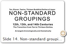 Slide 14. Non-standard groupings of the Ten, Eleven, Twelve, and Thirteen Buddhist Deities of Japan. 12th, 13th, & 14th centuries.