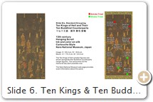 Slide 6. Ten Kings & Ten Buddhist Counterparts 十仏十王図, 13th Century. Cartouche Style, Standard Grouping. PHOTO: Nara National Museum /// Identifications. Says Says Hirasawa (p. 26): "As correspondences of originals (honji 本地) to manifestations (suijaku 垂迹) settled into standard formulae, the importance and size of the honji increased. This reached an extreme in a 14th-century painting of a colossal Jizō appearing to stand directly on top of Enma's head [see Nihon no Bijutsu 日本の美術, No. 313, Shibundō, 1992]. In another, later medieval cult, three buddhas associated with esoteric Buddhism joined the ten honji of the kings. Eventually the suijaku completely fell away from the iconography, leaving only images of the thirteen buddhas for mortuary rites, without visual references to judgment in hell."