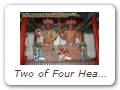 Two of Four Heavenly Kings (Sì Tiān Wáng 四天王) at Guóqing Temple 国清寺.WEST. Guăng Mù Tiānwáng 廣目天王 holds serpent. Skt = Virūpâkṣa, J = Kōmokuten.
NORTH. Duōwén Tiānwáng 多聞天王 holds umbrella. Skt = Vaiśravaṇa, J = Tamonten.
Vaiśravaṇa is also a form of Kuvera, the god of wealth in Tibet & Nepal.
Worshipped independently in Japan as the god Bishamonten 毘沙門天.