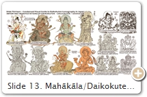 Slide 13. Mahākāla/Daikokuten (M/D) is associated with various other Buddhist forms of Hindu god Śiva, especially Mahêśvara / Īśāna / Īśvara (Sanskrit). Before becoming a Buddhist deity, Śiva was vanquished by the Buddhist camp. After his humiliating conversion, he became Mahêśvara (J=Daijizaiten 大自在天), meaning Great Self Existent God. When grouped with “directional” deities, he is known as Īśāna / Īśvara (old name for Rudra-Śiva; sun god). He lords over the ominous NE corner (the “demon gate”). Known in Japan as Ishanaten 伊舎那天, he is a member of the 8 Guardians of 8 Directions (login = guest), 12 Celestials & 20 Celestials He appears often with a female named Izanagō 伊舍那后, Ishanatenki 伊舍那后妃, or Daijizaitenki 大自在天妃, who are Śiva’s śakti/wives, e.g., Umā 烏摩, Durgā 突迦, Kālī 大黑女, Pārvatī 雪山神女, Bhīmā 毘摩. Learn more about Ishanaten here. Although Daijizaiten / Ishanaten failed to inspire independent cults in China/Japan, they are still found in many religious texts/mandalas. In Japan’s Womb World Mandala (Genzu), M/D or doppelgänger Ishanaten appears in the outer NE corner; Daijizaiten in the outer west court. The deities often come in “mirrored” male-female pairs (e.g., female with bowl in right hand, male with bowl in left). Daijizaiten / Ishanaten appear in less wrathful, more human-like forms, whereas Mahākāla appears in his wrathful esoteric 6-arms-3-heads form, suggesting that the Japanese “blended” the iconography of the “tamer” earlier esotericism of India with the “wrathful” later esotericism of China. Lastly, Daijizaiten is identified with deity Kitano Tenjin 北野天神, as is Shōten (Slide 14-15). The latter is essentially identical with Daikokuten. See Iyanaga (pp. 153-155) and his entry in Hōbōgirin 6 (pp. 713–765). SOURCES (last access Aug. 2017): (1)  Zuzōshō 圖像抄, TZ.3.3006.F103 (op. 187). (2) Besson Zaki 別尊雑記, TZ.3.3007.F281 (op. 804). (3) Kakuzenshō 覺禪抄, TZ.5.F3022.373 (op. 0577). (4) Shika Shōzuzō 四家抄圖像, TZ.3.3009.F180 (op. 1068). Gives two versions of Ishanaten -- Fig. 4 & Fig. 10 above. (5) Zuzōshō 圖像抄, TZ.3.3006.F118 (op. 204). (6) Kakuzenshō 覺禪抄, TZ.5.3022.F376 (op. 0582). (7) ibid; appears with 2 attendants (not shown here), TZ.5.3022.F375 (op. 0584). (8) Taizō Zuzō 胎蔵圖像 (巻下), 1194 CE copy of 9th C. CE original. Sits near Mahākāla. See  Nara Nat’l Museum (scroll 2). Also see TZ.2.2978.F236 (op. 276). (9) Hieizan Bon Daihi Taizō Daimaṇḍala 叡山本大慈胎蔵大曼荼羅. Date unclear, TZ.2.2982.F86-87 (op. 601). (10) Shika Shōzuzō, TZ.3.3009.F180 (op. 1068). Fig. 10 is similar to one of Mahākāla found on Slide 11 (Fig. 4). Also appears in TZ.1.2957.F27 (op. 886). (11) Daihi Taizō Daimaṇḍala 大慈胎蔵大曼荼羅, date unclear, TZ.1.2948.F372-373 (op. 844). (12) Shoson Zuzō 諸尊圖像, TZ.3.3008.F101 (op. 930). Also Nat’l Diet Library, p. 48. (13) Shika Shōzuzō, TZ.3.3009.F226 (op. 1098). For more pix, see TZ.2.2982.128 (op. 612) & Nat’l Diet Library, pp. 15, 28, 29.