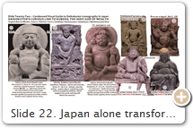 Slide 22. Japan alone transformed the demonic Mahākāla into the jovial, lovable Daikokuten. Why? The prevailing theory claims Mahākāla (Daikokuten) was conflated with Kubera 倶吠羅, the plump Hindu god of wealth & lord of the north. Both are dwarf-like, chubby, & carry a money bag. Kubera also merged with Buddhist wealth gods Pāñcika 半只迦, Jambhāla 苫婆羅, & Vaiśravaṇa (Jp. = Bishamonten). The prevailing theory is widely accepted but not watertight. There are three leaks: (1) Yìjìng’s 7th-C text [T.54.2125.0209b23-24] says India’s dwarf kitchen deity is Mahākāla. Yìjìng transliterates the name as 莫訶哥羅, an unusual spelling that doesn’t appear elsewhere in the Buddhist canon. Moreover, the demonic Mahākāla 摩訶迦羅  is unknown at this time. (2) Since the icon is blackened by always being wiped with oil, Yìjìng translates the name as 大黑神  (Great Black God) -- a moniker “predating” the demonic Mahākāla who emerges in the next century. (3) Yìjìng says the deity belongs to the retinue of the “Great God 大天” (Śiva / Mahêśvara). This may refer to Kubera, who is part of Śiva’s retinue. SOURCES (last access Aug. 2017): (1) NY MET. (2) British Museum. Pāñcika (Kubera’s general) is conflated with Jambhāla in the late 7th C. (see Unfolding A Mandala, pp. 104-108). Kubera/Pāñcika/Jambhāla’s emblems include a money bag or mongoose spewing treasure. (3) Victoria & Albert. (4) Holds mongoose spewing jewels. Asian Art Museum. (5) Nat’l Museum New Dehli. In a 2015 PMJS post, Joseph Elacqua & Iyanaga Nobumi wrote: JE: Sounds like Yìjìng's "Mahākāla" is in reality a form of Kubera.” IN: That was Alfred Foucher’s theory. JE: Yet none of that relates to Mahākāla (i.e., Śiva) as we know him in India. Was Yìjìng mistaken in identifying this deity? IN: I don't think so. In India/Nepal, temple gates are guarded by dwarfish deities called "Mahākāla." Also, Kubera is closely associated with Śiva, so in a Buddhist context, Mahākāla has two forms, one linked to Kubera (fat, money bag) & the other (likely later) to a Śaiva wrathful deity. The two were not fully separated.