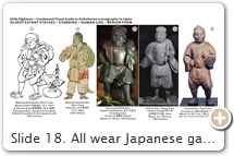Slide 18. All wear Japanese garb & carry a treasure sack. All appear to be stepping forward, imbuing them with religious energy. SOURCES (last access Aug. 2017): (1) Besson Zakki 別尊雑記 (Miscellaneous Notes on Individual Deities), by Shingon monk Shinkaku 心覚  (1117-1180), TZ.3.3007.F275 (op. 794). Image appears as well in Shoson Zuzō 諸尊圖像 (Iconography of the Venerables), likewise by Shinkaku, TZ.3.3008.F103 (op. 932). (2) Kakuzen-shō 覺禪鈔 (Excerpts of Kakuzen), by Shingon monk Kakuzen 覚禅 (1143–1213). TZ.5.3022.F370 (op. 571). One of the most comprehensive texts on the iconography & rituals of the Shingon school. Learn more at DDB (login = guest). (3) Hashiri (Running) Daikokuten 走り大黒天, Unryū-in 雲龍院, Kyoto. Named thus because Daikokuten is always on the move, dispensing benefits to all. Other similar names are Aruki (Walking) Daikokuten 歩き大黒天 & Tabisugata (Traveling) Daikokuten 旅姿大黒天.  (4) Tōdai-ji Temple 東大寺, Nara. Located in the Hokke-dō Chōzuya 法華堂手水屋. Wood, hinoki 桧  (cypress), yoseki zukuri 寄木造 (joined-block technique), H = 139.4 cm, 14th C. Image from 1980 exhibit catalog entitled “Tōdai-ji Exhibition” 東大寺展,  p. 91. Happy (not fierce) face, wearing tanko 短袴  (short divided skirt). (5) Enryaku-ji Temple 比叡山延暦寺, Shiga. Wood, H = 83. 3 cm, 15th C. Image from Biwako Visitors web site. This 15th-C. statue still employs the iconography of the 11th C. (e.g., standing, not yet fat, human-like, money sack in left hand, clenched fist on right hip – see Slide 17). By the Muromachi era, older Heian-era iconography was superseded by the jovial, pudgy, Santa-like Daikokuten standing atop rice bales, holding a magic mallet & treasure sack. See Slides 26-27 for latter type, which emerged as Daikokuten’s “standard” portrayal in the early 14th C. & today remains modern Japan’s most popular form of the deity.