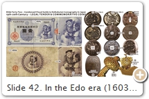 Slide 42. In the Edo era (1603-1867), most feudal clans issued their own money (which often featured Daikokuten). During this time, the printing of money in Japan was uncoordinated. The Meiji (1868-1912) reformation changed all that, with the government taking control of the entire nation’s finances. In 1882, it founded the Bank of Japan (BOJ) 日本銀行. The bank issued its first banknotes in 1885 (Fig. 1). The notes -- called the Daikoku-satsu 大黒札– were designed by Italian engraver Edoardo Chiossone (1833-1898) and came in denominations of one, ten, and one hundred yen. All featured a fat Daikokuten sitting atop rice bales, holding a magic mallet & treasure sack, & accompanied by rats (Slides 36-37). How befitting for the God of Wealth to usher in Japan’s modern monetary system. Another note appeared in 1886 (Fig. 3), followed in 1911 by a 100-yen note issued in Korea (then under Japanese rule). For more on Japan’s currency, see the BOJ Currency Museum. Curiously, a web search for Daikokuten postage stamps yields no results, albeit many deities appear on postage stamps. SOURCES (last access Sept. 2017): (1) One yen note. First issued 1885. BOJ. No longer circulated. Photo #1 here, here, here, & here. (2) Ibid. (3) Five yen banknote. First issued 1886. BOJ. No longer circulated. Photo #3 here & here. (4) Ibid. (5) Genroku era (1688-1704). Photo #5 here. (6) Hōei era (1704-1711). Photo #6 here. (7) Sword Guard (tsuba 鍔), Edo era, New York Met. Photo #7 here. (8) Kyōhō era (1716-1736). Photo #8 here. (9) Edo era. Photo #9 here. (10) Edo era. Photo #10 here. (11) Nippon Shintaku Bank 日本信託銀行. Issued 1989. Photo #11 here. (12) Edo era. Photo #12 here. (13) Genbun era (1736-1741). Photo #13 here. (14) Yasuda Chochiku Ginkō 安田貯蓄銀行 (active 1st half of 20th century). Photo #14 here. (15) Modern. Daikokuten’s magic mallet (uchide nokozuchi 打ち出の小槌). Made from 5-yen coins. Private collection, Kamakura. (16) Modern. Treasure boat  (takarabune 宝船) of Seven Lucky Gods (Slide 31). Made from 5-yen coins. Amazon best seller.    