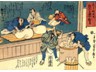Making mochi (mochi tsuke). Mochi is glutenous rice). By Utagawa Kuniyoshi (1797-1861). Courtesy of kuniyoshiproject.com/More Fun with Raccoon Dogs.htm