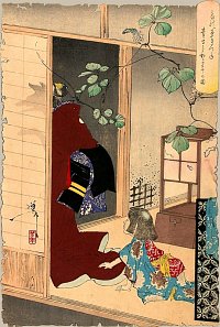 Fox-woman Kuzunoha Leaving Her Child, Ukiyo-e Print by Yasuyoshi, courtesy web.inter.nl.net/hcc/rekius/36ghosts22.htm