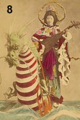 Sea Goddess playing biwa while standing atop dragon. Hand-colored albumen photograph, circa 1898.