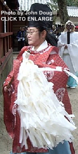 Female Shinto Priest named Rika Saitou claims to be the first woman priestess from a non-Shinto household. Photo by John Dougill. Female Shinto Priest named Rika Saitou claims to be the first woman priestess from a non-Shinto household. Photo by John Dougill.