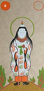 Amaterasu in her manifestation as Uho Doji, holding a wish-granting jewel and vajra staff, with pagoda atop her head.