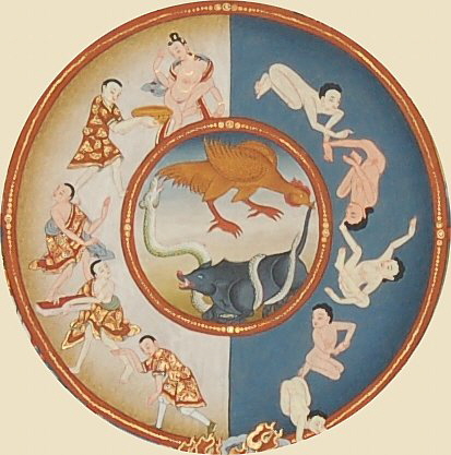 Three animals -- pig, snake, rooster -- are typically at center of Tibetan Wheel of Life