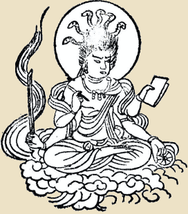 Myoken with snakes in headdress, holding customary brush and tablet