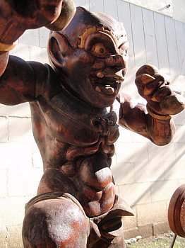 Modern Wood Statue of Raijin by LA Artist David Bilbrey