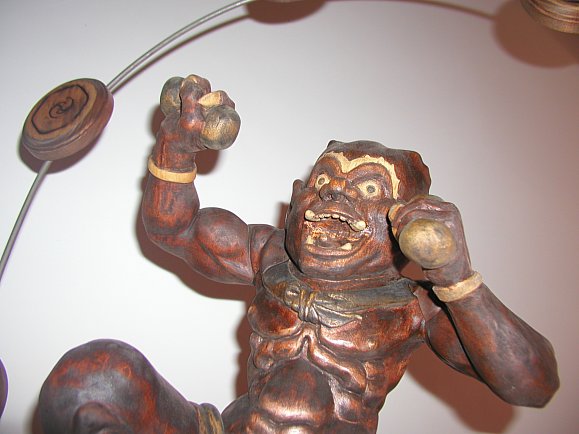 Modern Wood Statue of Raijin by LA Artist David Bilbrey