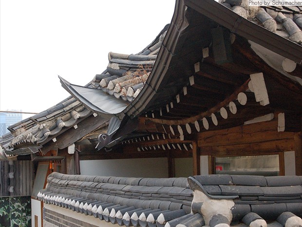 Bukchon Village, Seoul, Korea.. Rooftop in the shape of a winged bird.